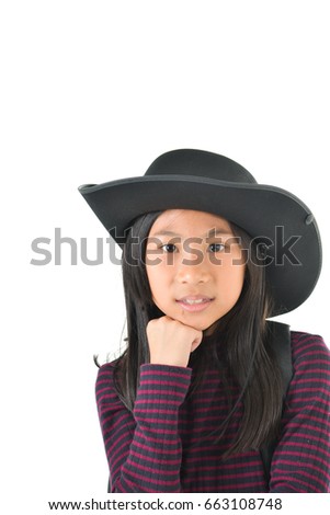 Asian girl in a cowboy hat looking up isolated on white background