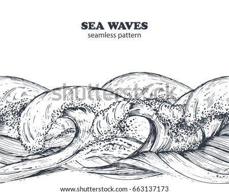 Seamless border pattern with hand drawn sea waves in sketch style. Black and white vector illustration