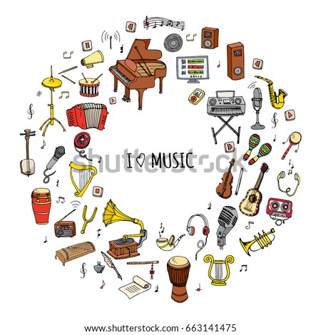 Hand drawn doodle I love music set Vector illustration musical instrument Symbols icon collections Cartoon sound concept elements Music notes Piano Guitar Violin Trumpet Drum Gramophone Saxophone Harp