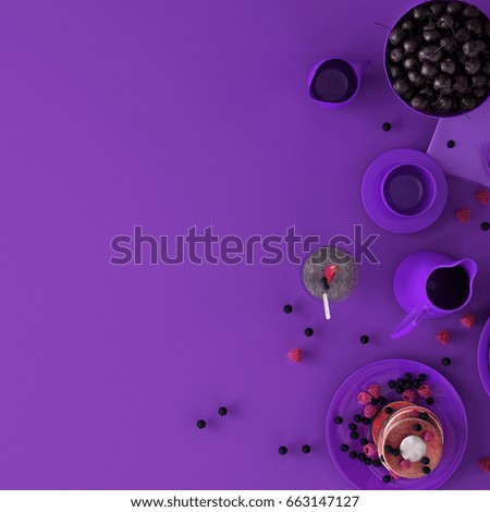 top view of food and drink on Saturday ,purple background, dish food ,special menu
