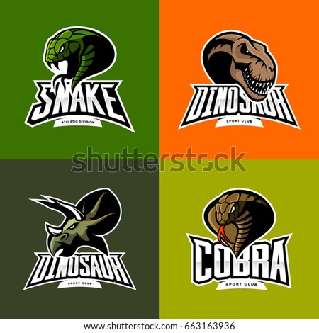 Furious snake, cobra, dinosaur head isolated vector sport logo concept set. Modern badge mascot design. Premium quality wild animal t-shirt tee print character illustration. Street racing team emblem.