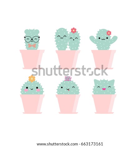 Vector kawaii cactuses with funny faces in pink pots Royalty-Free Stock Photo #663173161