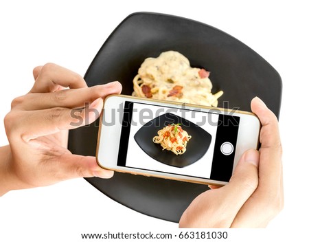 Hand holding smart phone take a photo isolated on white background.