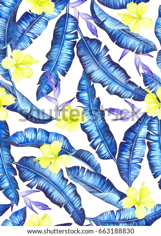 seamless banana leaves pattern with hibiscus and heliconia flowers. hand painted watercolor tropical background design