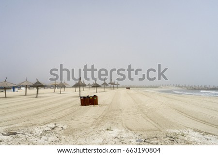 Landscape with The Black sea, sand and beach elements photographed in Gura Portitei, Romania, in a foggy spring day
