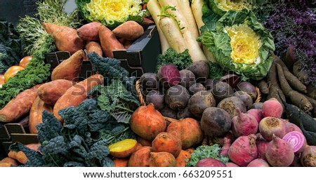 Display of organic autumnal vegetables roots at a food market Royalty-Free Stock Photo #663209551
