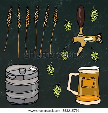 Set of Beer Objects: Hop, Malt, Mug, Tap, Keg. Isolated on a Black Chalkboard Background. Realistic Doodle Cartoon Style Hand Drawn Sketch Vector Illustration.
