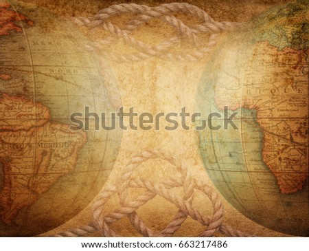 Adventure stories background. Old globe and sea knot on vintage paper background.