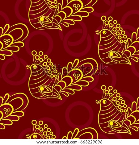 Beautiful pattern with bright rooster. Background Fantastic beasts , mystical birds.
