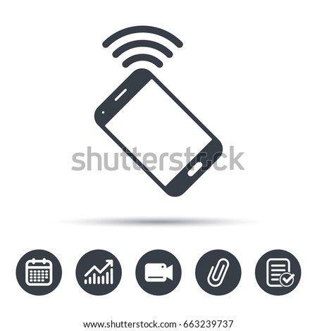 Cellphone icon. Mobile phone communication symbol. Calendar, chart and checklist signs. Video camera and attach clip web icons. Vector