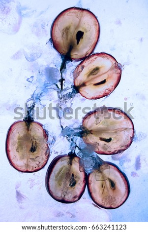 Translucent slice of red grape in blue liquid. Frozen fruit. Royalty-Free Stock Photo #663241123