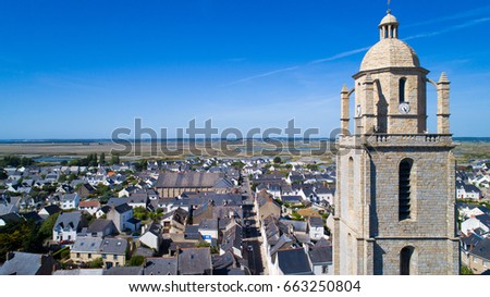 Aerial view on Batz sur Mer village, Saint Guenole church and Guerande salt marshes, in Loire Atlantique, France