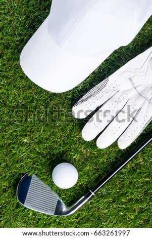 Set for playing golf lies on a green lawn