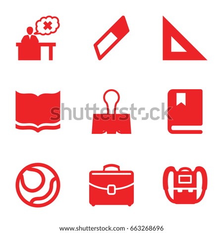 School icons set. set of 9 school filled icons such as backpack, book, teacher, case, paper clamp, ruler, eraser
