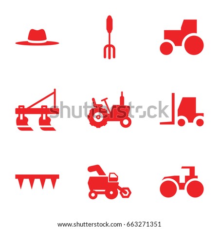 Farmer icons set. set of 9 farmer filled icons such as tractor, pitchfork, plowing tool