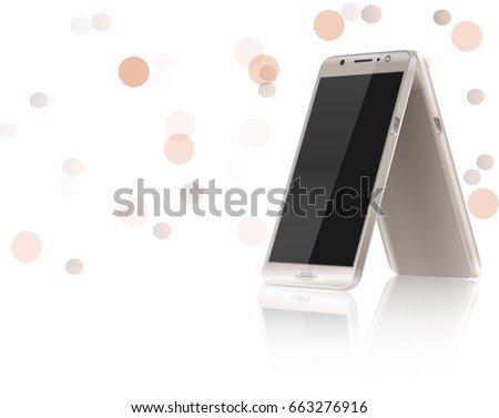 Modern mobile phone with touch screen and reflection on white background and bulbs, vector