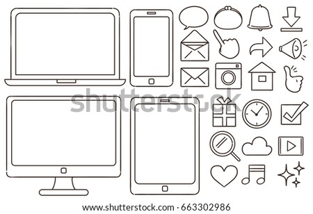 A collection of icons related to personal computers and smartphones. Like hand-drawn
