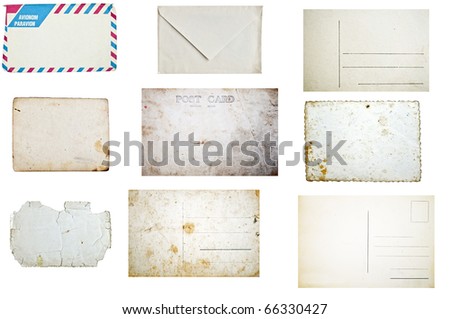 Set of grunge empty postcards and envelopes isolated on white background