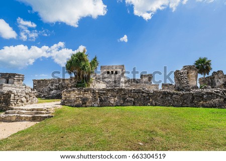 Ruins of Tulum, Mexico overlooking the Caribbean Sea. Riviera Maya, Yucatan, Mexico