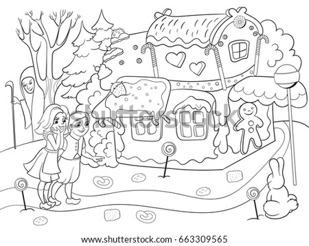 Childlike coloring raster story scene with pair of children eating some sweets near colorful cottage in deep forest. Zentangle style. Black and white line