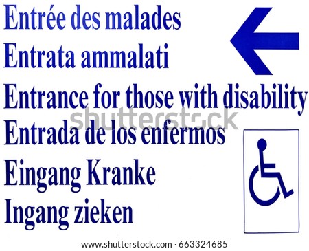 Handicap sign, information sign detail in different languages