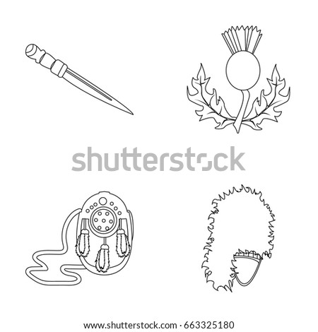 National Dirk Dagger, Thistle National Symbol, Sporran,glengarry.Scotland set collection icons in outline style vector symbol stock illustration web.