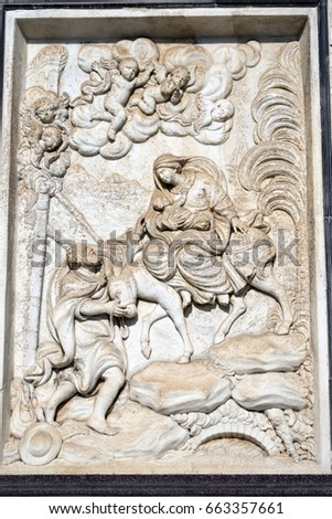 Facade of the historic Certosa di Pavia (Lombardy, Italy), medieval monument. Bas-relief