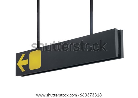 Airport signboard with arrow with copy space, hanging on ceiling. Isolated over white