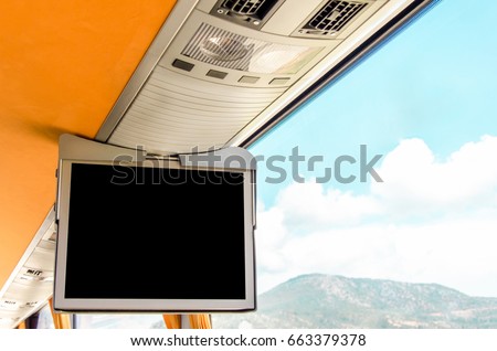 information tv screen with a black background in the bus Royalty-Free Stock Photo #663379378