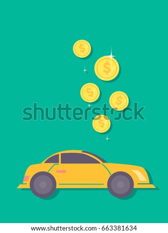 Concept Illustration of Dollar Coins Dropping Towards a Car. Saving for a Car