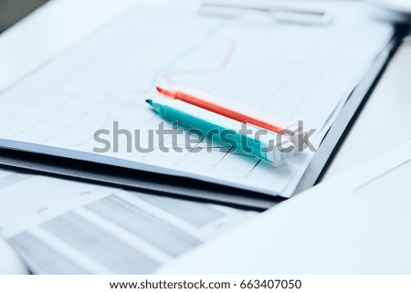 Calculations, documents, markers, business papers, a stack of documents                             