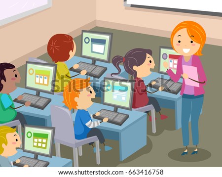 Illustration of Stickman Kids Students with Teacher in Computer Laboratory