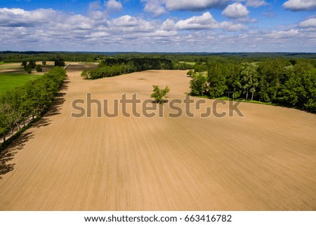 drone image. aerial view of rural area with freshly cultivated fields. green and brown. summer
