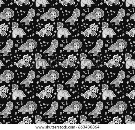 Dinosaurs objects gray scale seamless pattern. Color vector illustration. EPS8