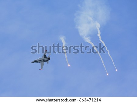 Jet fighter shooting flares.