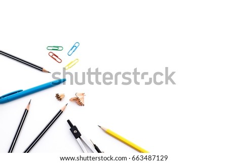 Pencil, Pen, clip, on white background.Represent the business and office supply related equipment.