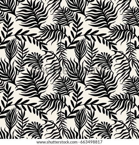 Tropical plants and palm leaves exotic seamless  pattern.Textile ink brush strokes design in doodle grunge texture style.