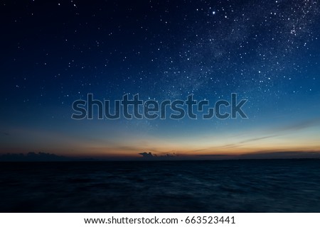 The sky with star at the lake in the twilight after sunset. Royalty-Free Stock Photo #663523441