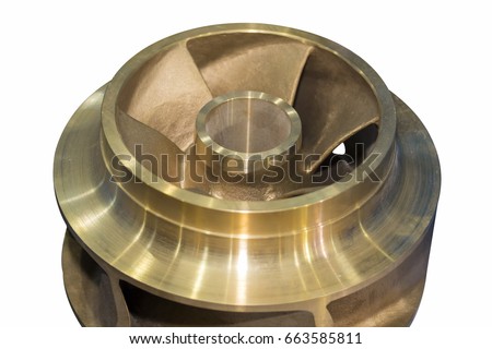 Close up copper closed impeller of centrifugal pump for industrial isolated on white background Royalty-Free Stock Photo #663585811