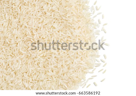 Long parboiled rice on white background. Top view, high resolution product. Copy space. Healthy food concept