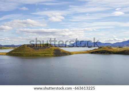Pseudocraters and valcano mount. Lake Myvatn summer landscape, Iceland