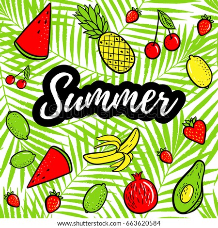 Summer vector illustration background. Hand drawn fashion patches tropical fruits: lemon, avocado, pineapple, banana, watermelon on palm leaves seamless pattern. Pop art patche, pin, badge 80s style