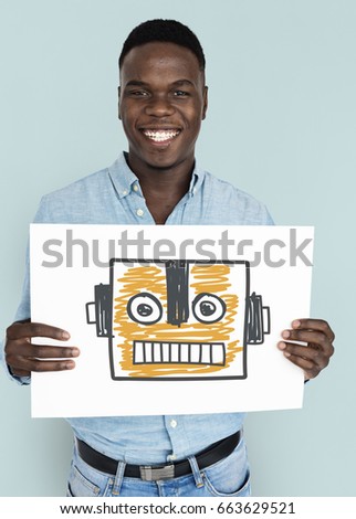 African descent man hands hold a robot symbol