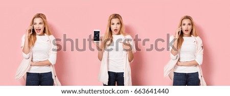 One girl with smartphone in three different poses in one picture