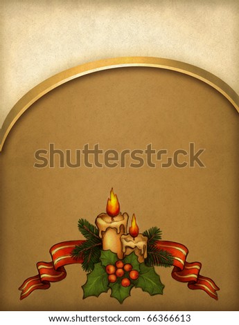Background with drawing of candle, holly berry and ribbon