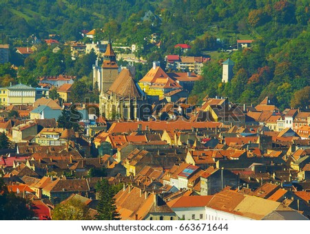 Aerial view of beautiful Old Town of Brasov. Romania