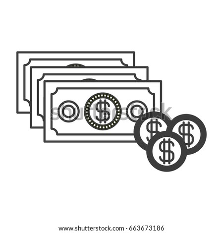monochrome silhouette with money bills and coins set vector illustration