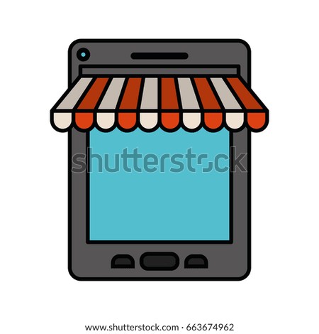 white background with colorful silhouette tablet online store with thick contour vector illustration