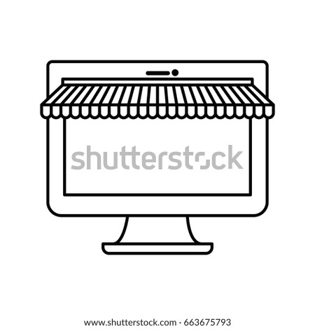 white background with monochrome silhouette desktop computer online store vector illustration