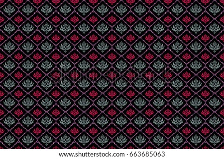 Abstract pattern in Arabian style. Seamless raster background. Violet and magenta texture on black background. Graphic modern pattern.